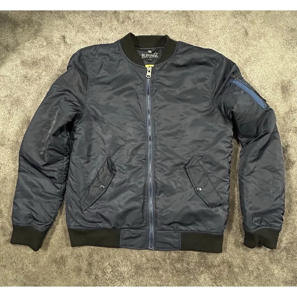 Men LG Buffalo David Bitton Blue Bomber Jacket Zip Elastic Ribbed Waist & Sleeve